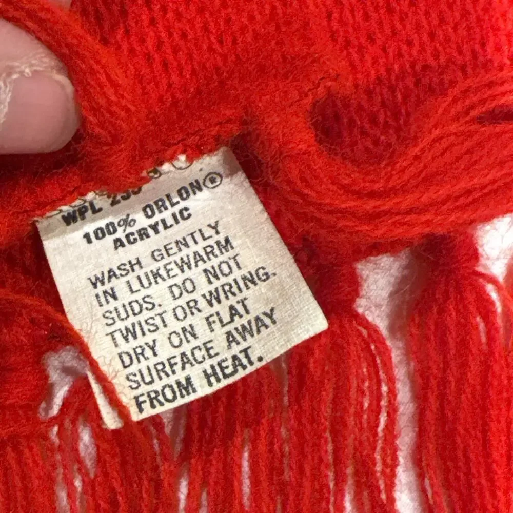 Vintage 70’s “Contac” 100% Acrylic Red Scarf w/ Fringe Gently Worn Minor Stains